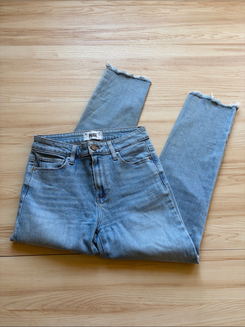 PAIGE Hoxton Slim Crop Light Blue High-Rise Raw Hem Jeans